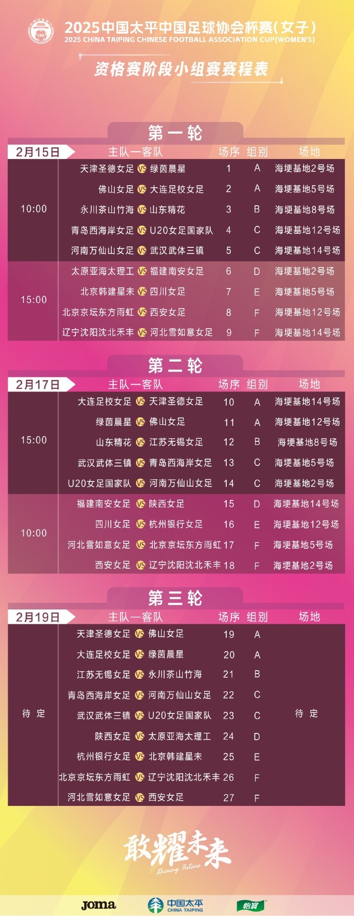 2025中国太平中国足球协会杯(女子)竞赛日程公布